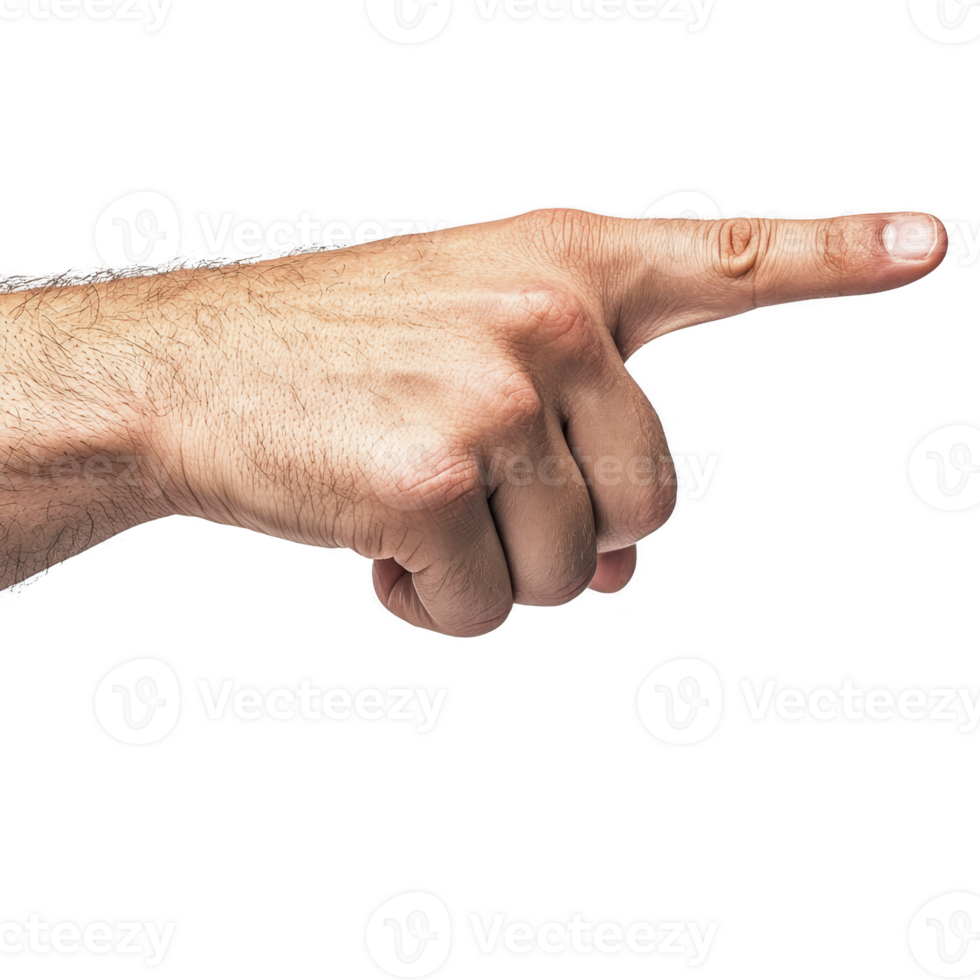 hand with pointing finger is shown against transparency background, emphasizing direction and gesture. image captures detail of skin and nails, highlighting natural texture png