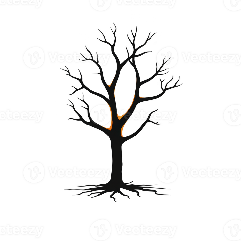 simple illustration of leafless tree with dark branches and roots, highlighted by subtle orange glow, creating stark and artistic contrast against background png
