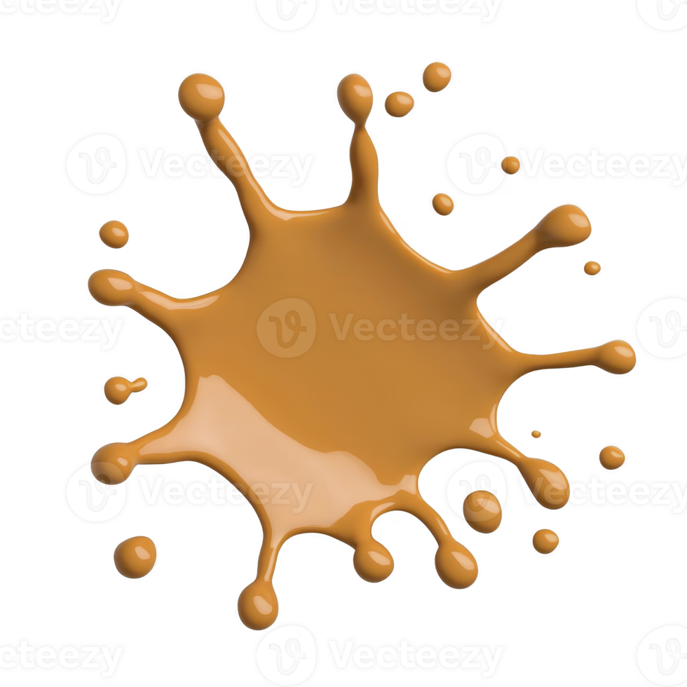 splash of caramel colored liquid forms abstract shape with droplets radiating outward, creating dynamic and energetic visual. glossy texture adds sense of movement and fluidity png