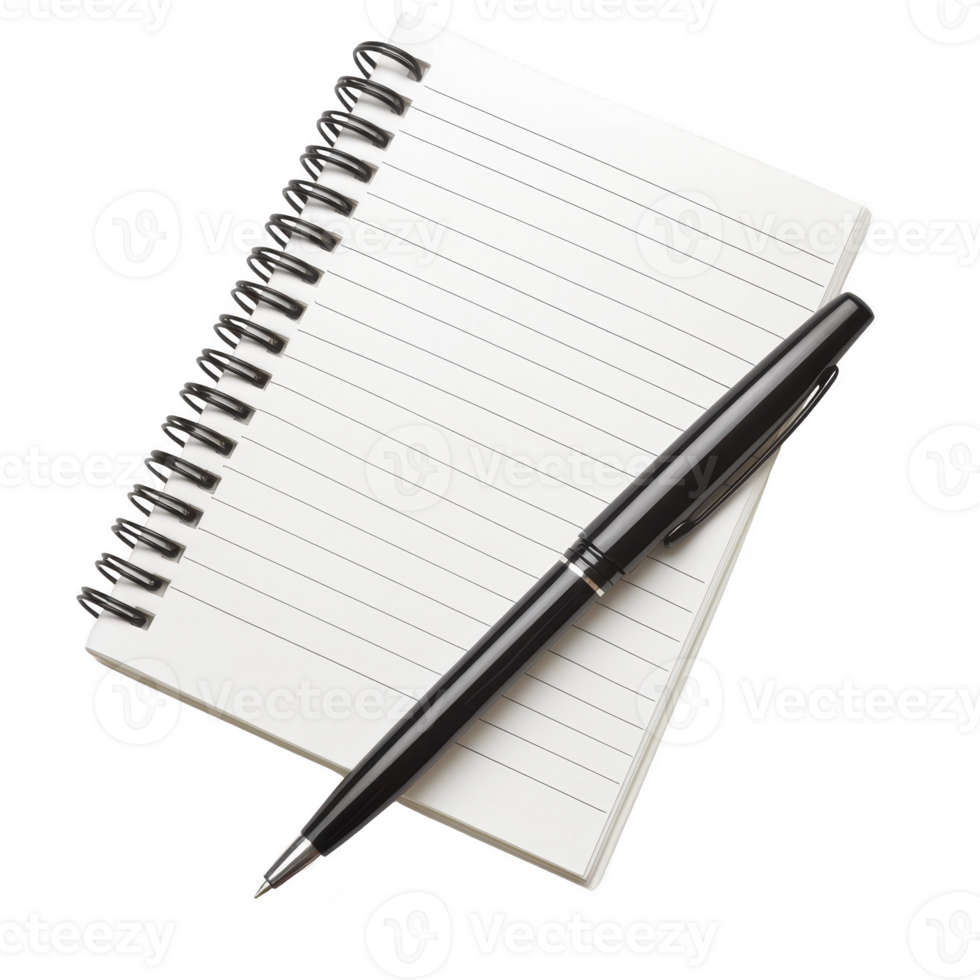 spiral bound notebook with lined pages is accompanied by sleek black pen, suggesting readiness for note taking or writing. simple design evokes sense of organization and productivity png
