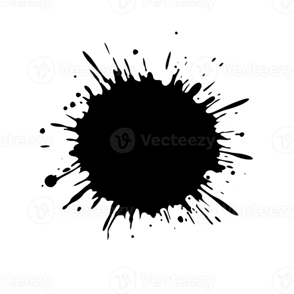 large black ink splatter with irregular edges and dynamic splashes radiating outward, creating bold and artistic effect. splatter is set against transparent background, making it versatile png