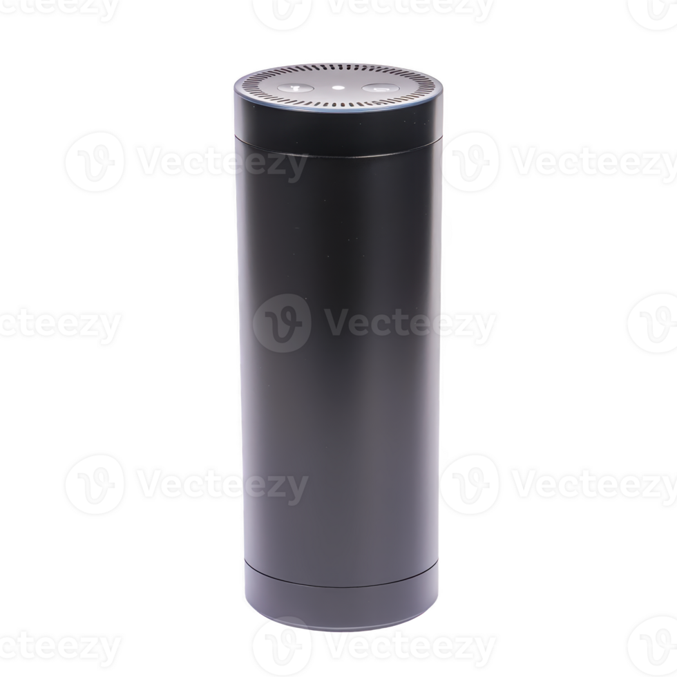 sleek black cylindrical smart speaker with minimalist design, featuring perforated top for sound output. device is modern and compact, suitable for home or office use png