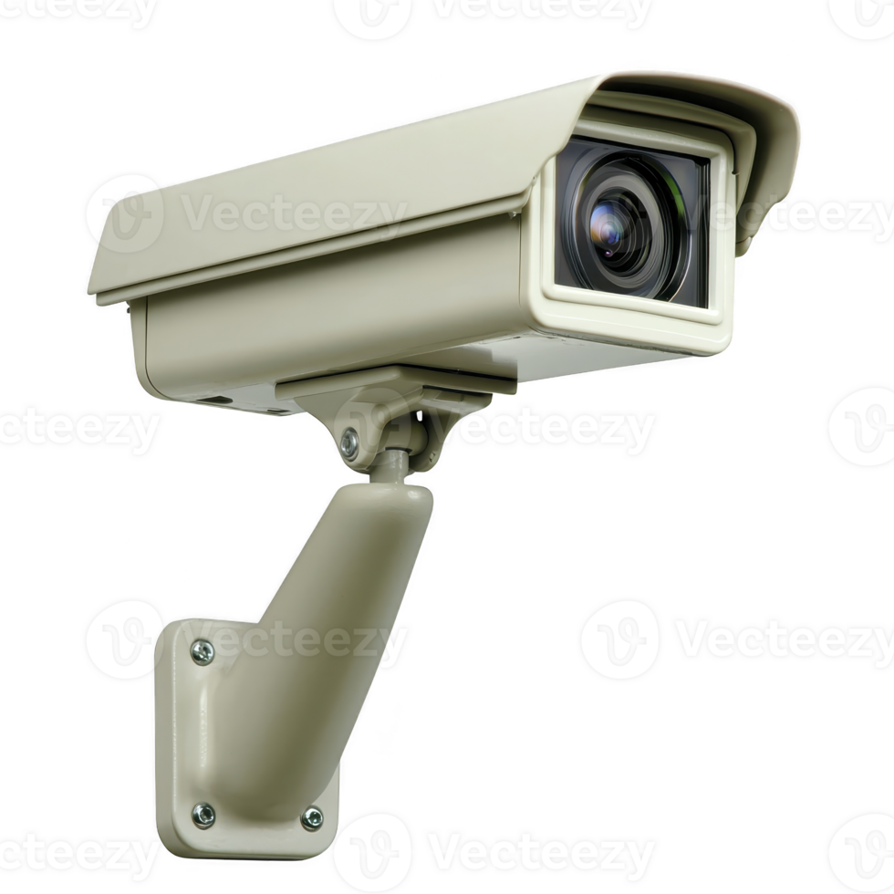 beige security camera is mounted on wall, designed for surveillance and monitoring. camera features protective casing and adjustable arm for optimal positioning png