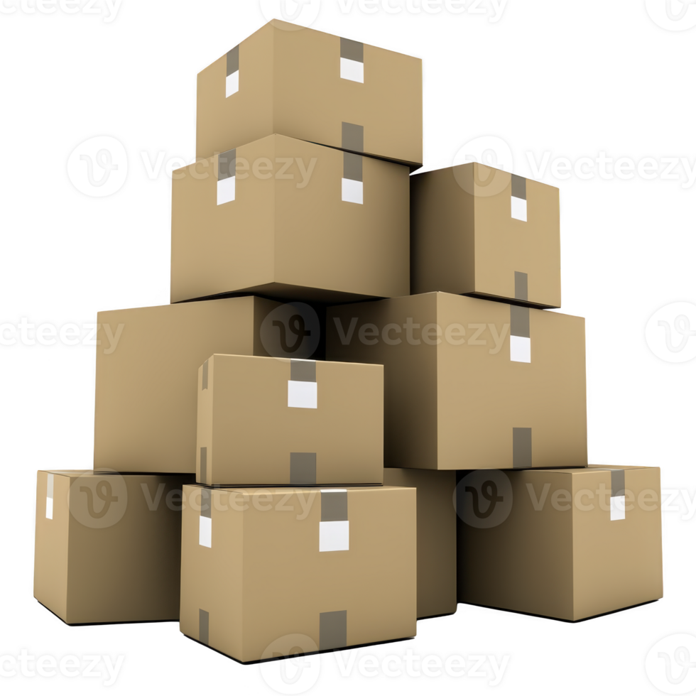 stack of cardboard boxes is arranged in pyramid shape, showcasing various sizes and sealed with tape. boxes are plain and suitable for shipping or storage purposes png