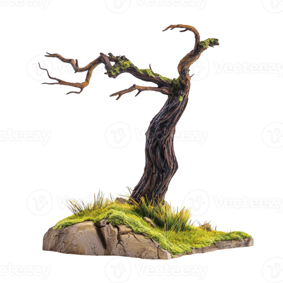 gnarled, leafless tree stands on small patch of grass and rocks, evoking sense of solitude and resilience. twisted branches and textured bark add to its ancient appearance png