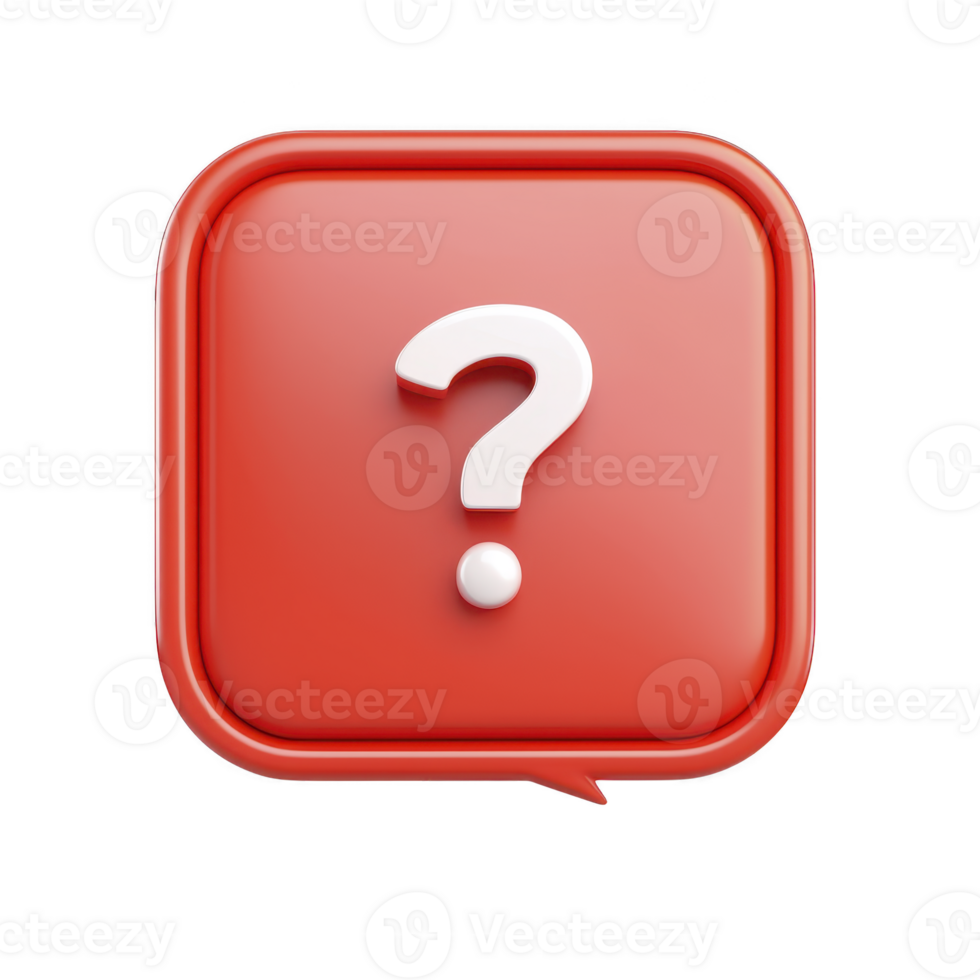 red 3D question mark icon with speech bubble design, symbolizing inquiry or curiosity. glossy finish and rounded edges give it modern, digital look, perfect for apps or websites png