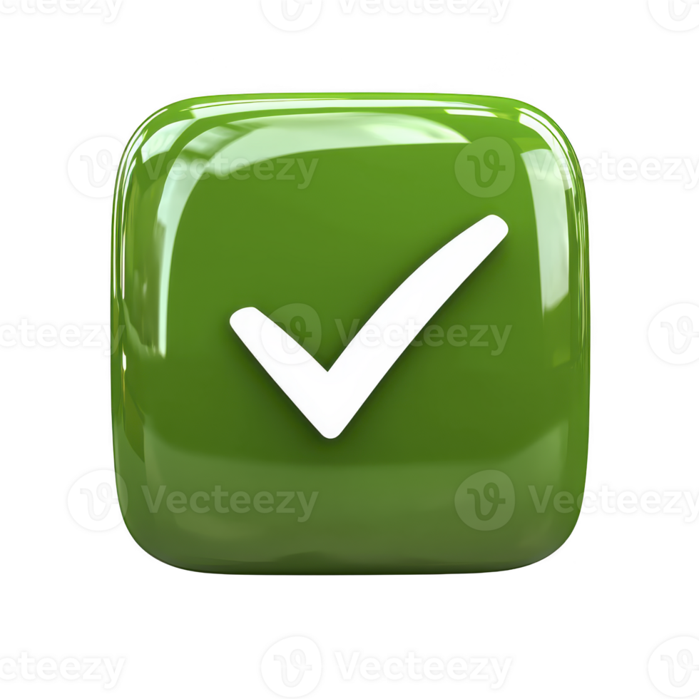 glossy green 3D check mark icon symbolizes approval or success. shiny surface and rounded edges give it modern, digital appearance, often used in apps or websites png
