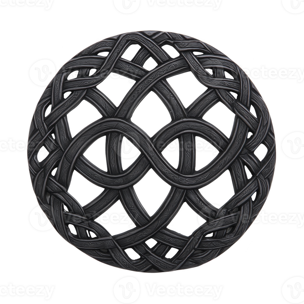 complex, intertwined black Celtic knot sphere with intricate patterns and smooth texture, symbolizing unity and eternity. design is both artistic and symmetrical png