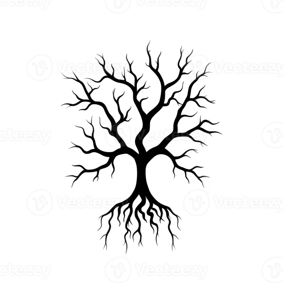 silhouette of tree with bare branches and visible roots creates striking and artistic design. intricate network of branches and roots symbolizes growth and connection png