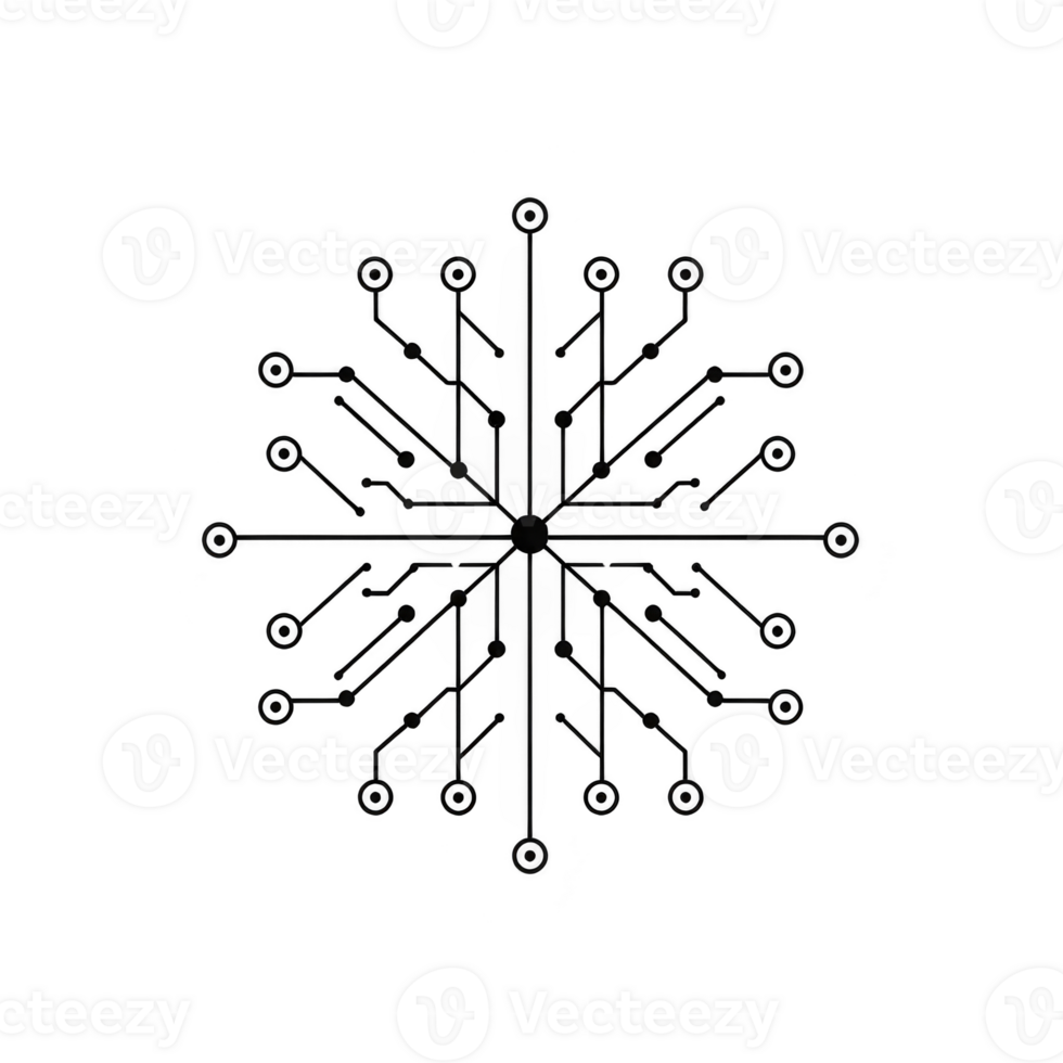 symmetrical, abstract design resembling snowflake is depicted, featuring circuit like lines extending from central point. intricate pattern combines technology and nature, creating futuristic png