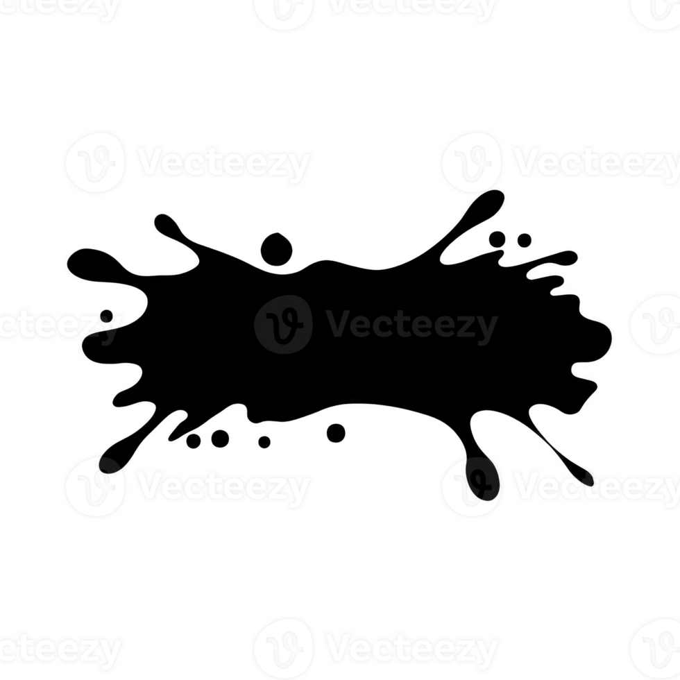 black ink splatter with irregular edges and droplets radiating outward creates dynamic and artistic effect. abstract shape can be used for creative design projects png