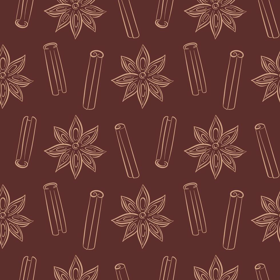 Seamless pattern with cinnamon stick and star anise drawn in line art style on a dark background. vector