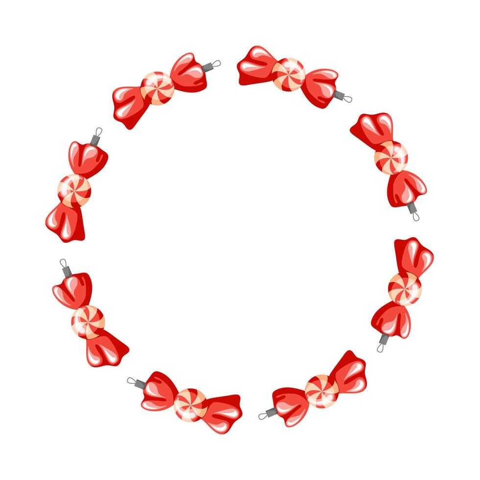 Red Christmas tree ornament with candy toy arranged in a circular wreath pattern on a white background in cartoon style. vector