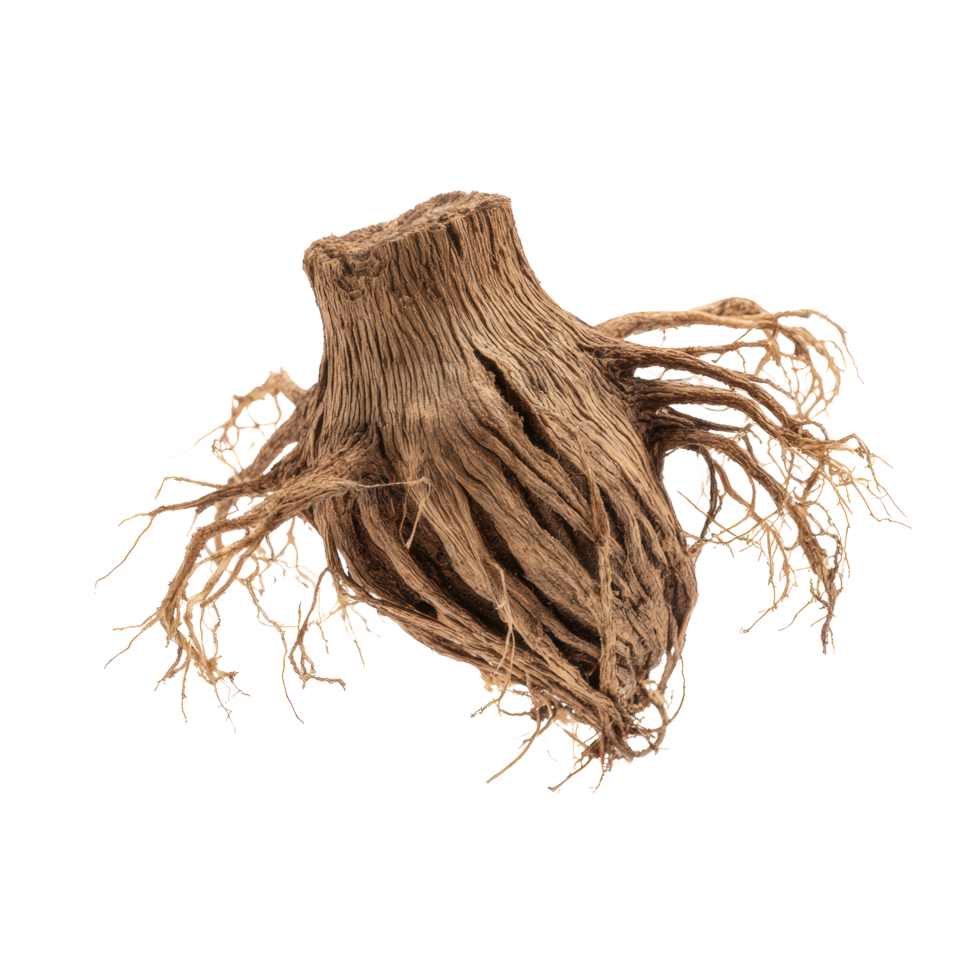 A dried tree root system with multiple branching strands isolated on transparent background png