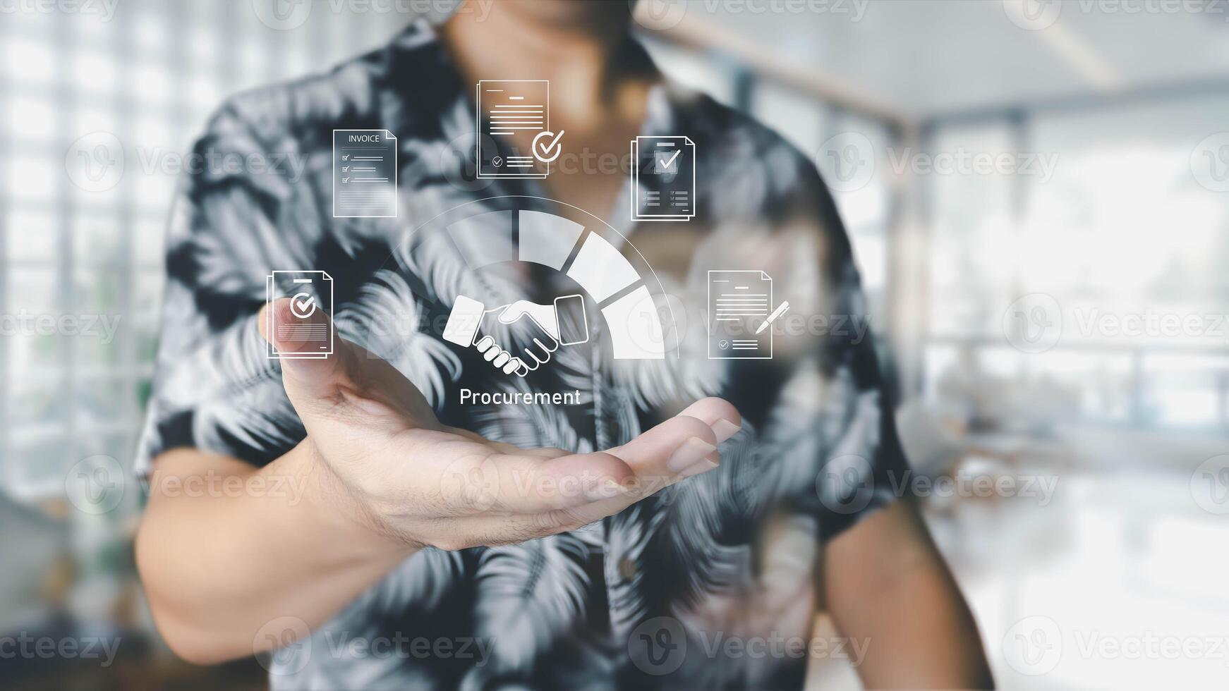 A person displays a virtual procurement management interface on their hand. Icons for contracts, invoices, and agreements show a modern, streamlined business process in a blurred office. photo