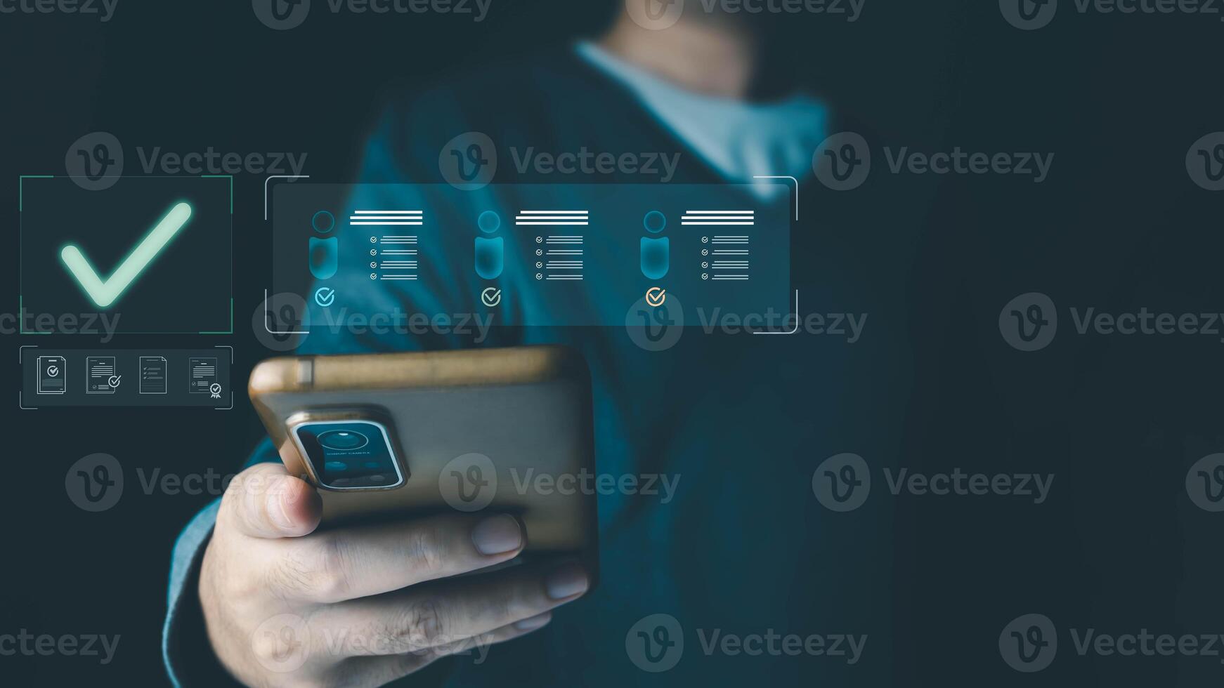 A man holds a smartphone, interacting with a digital interface showing a green checkmark, profile icons with checks, and document symbols. photo