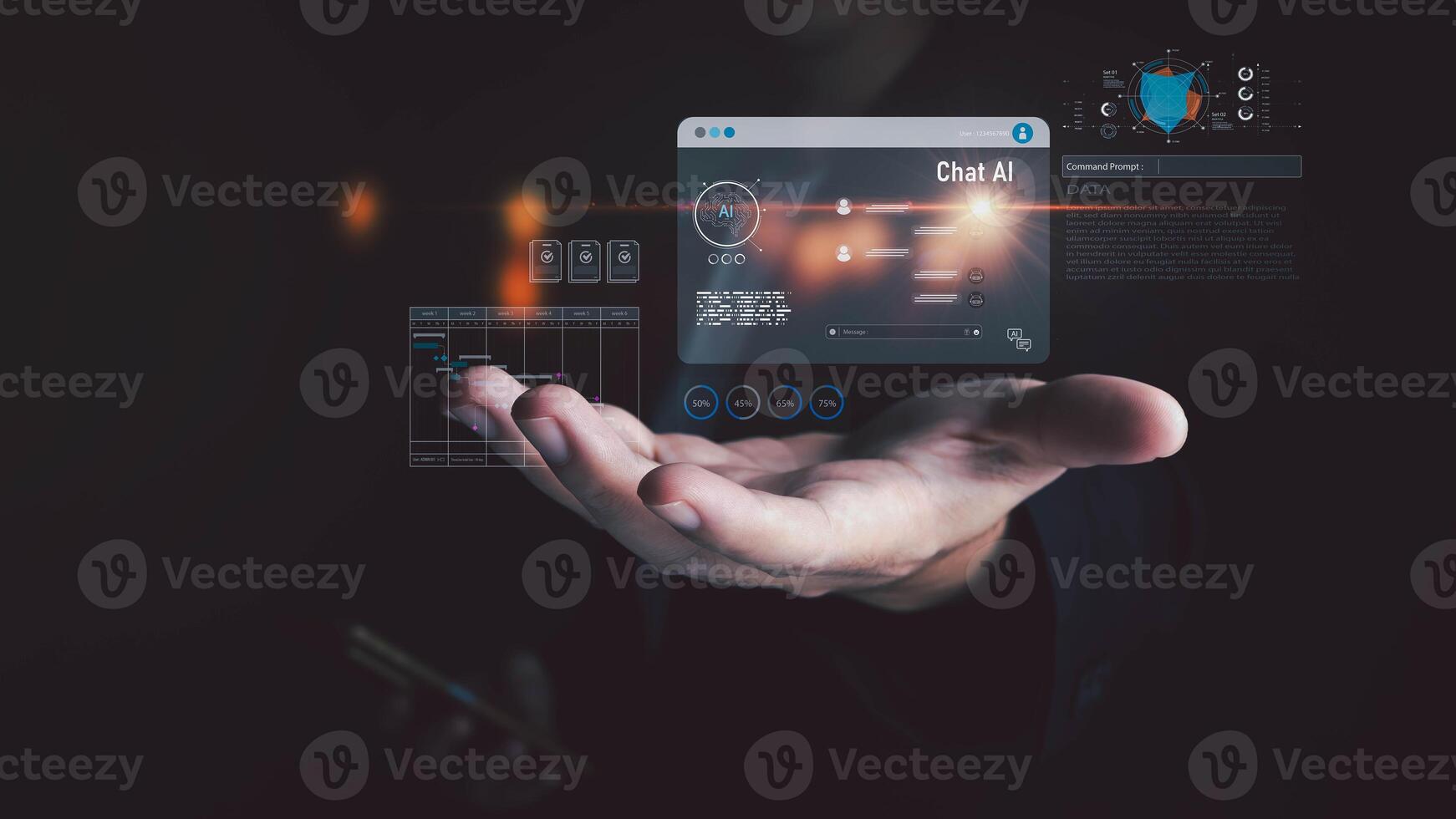 A hand shows a virtual interface featuring a chat AI system and a data analytics dashboard The dark futuristic display highlights modern technology and artificial intelligence photo