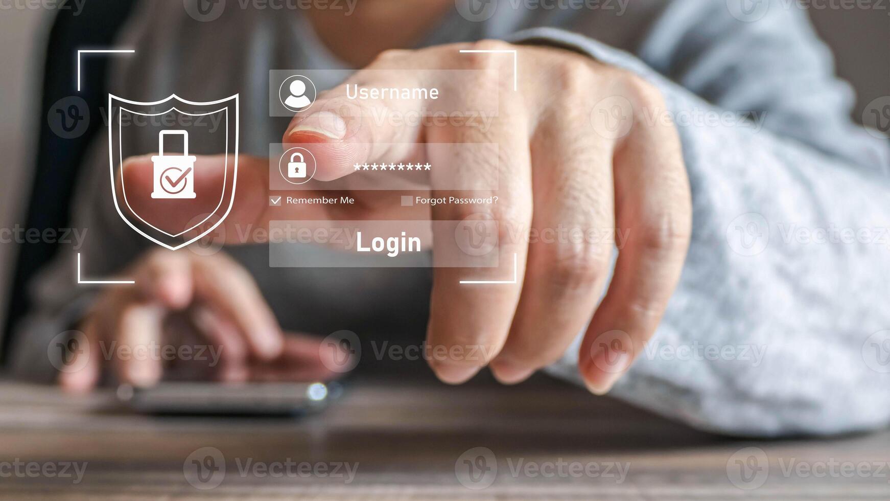 A person securely logs into an online account by touching a virtual screen with their finger. A digital interface shows a username and password field with a security shield icon. photo