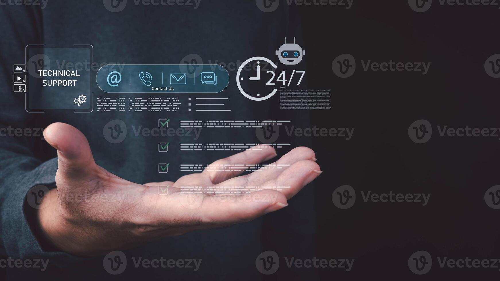 A person holds an open hand, showcasing a holographic interface with technical support icons, contact options, 24 service, and checkboxes. photo