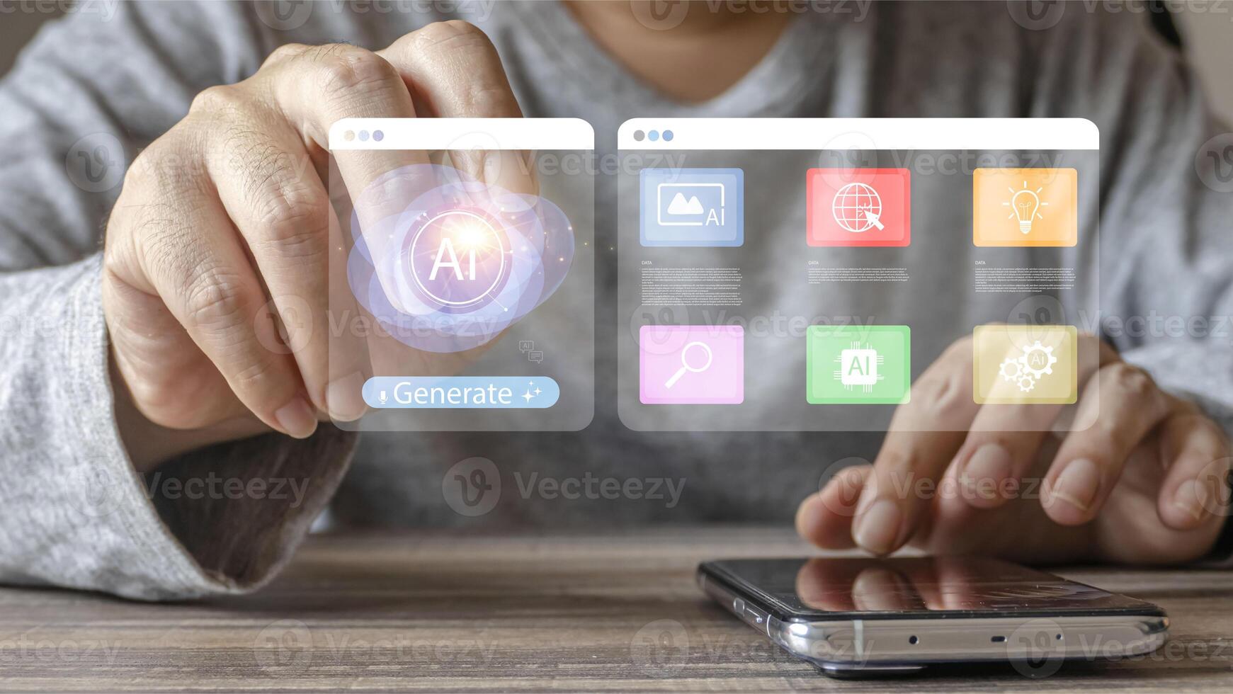 A person uses a mobile phone to command an artificial intelligence system. They touch a floating virtual screen with various app icons to generate creative content on a wooden desk. photo