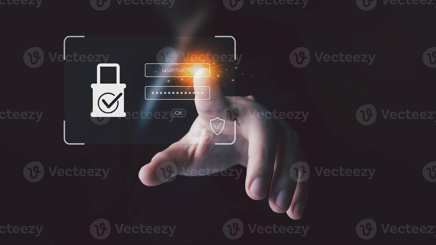 A person interacts with a holographic login interface, featuring a username and password field, and a padlock icon with a checkmark, emphasizing secure access. photo