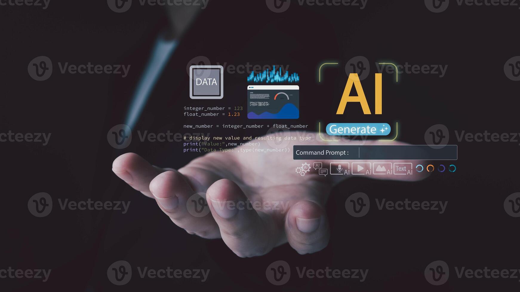 An open palm holds glowing digital interfaces with data charts code and an AI Generate button showing human interaction with advanced artificial intelligence photo