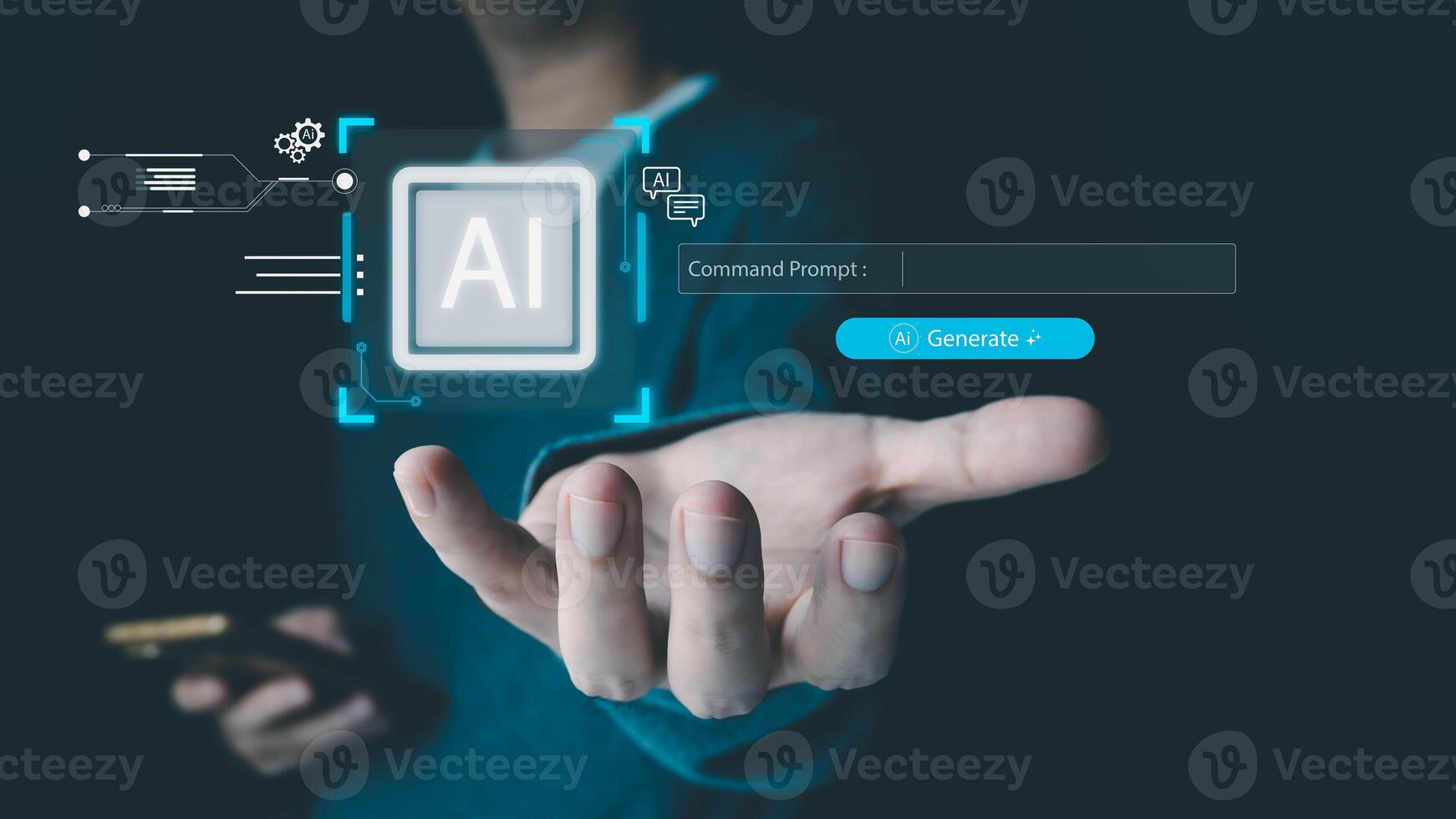 A man holds a phone, presenting a holographic AI interface with a command prompt for generating content. This illustrates the concept of futuristic technology and machine learning. photo