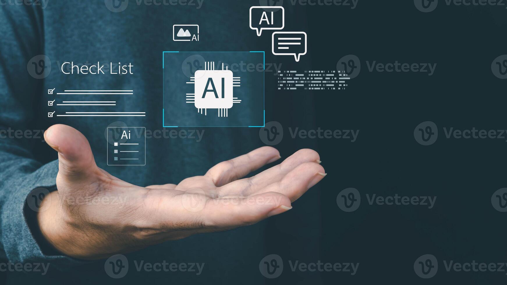A person's hand presents a holographic interface displaying artificial intelligence concepts like a processor, checklists, and chat icons, illustrating human interaction with modern technology. photo