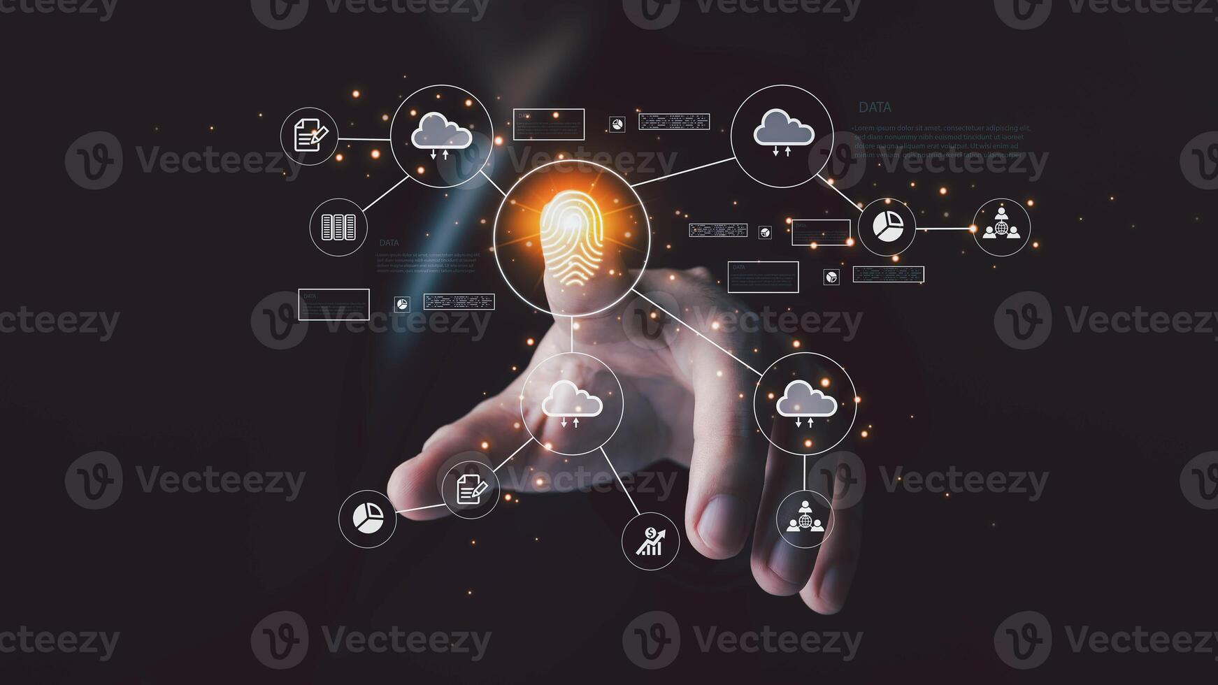 Person interacting with futuristic digital interface featuring glowing fingerprint and connected data icons. Concept of modern digital transformation, cybersecurity, and data privacy. photo