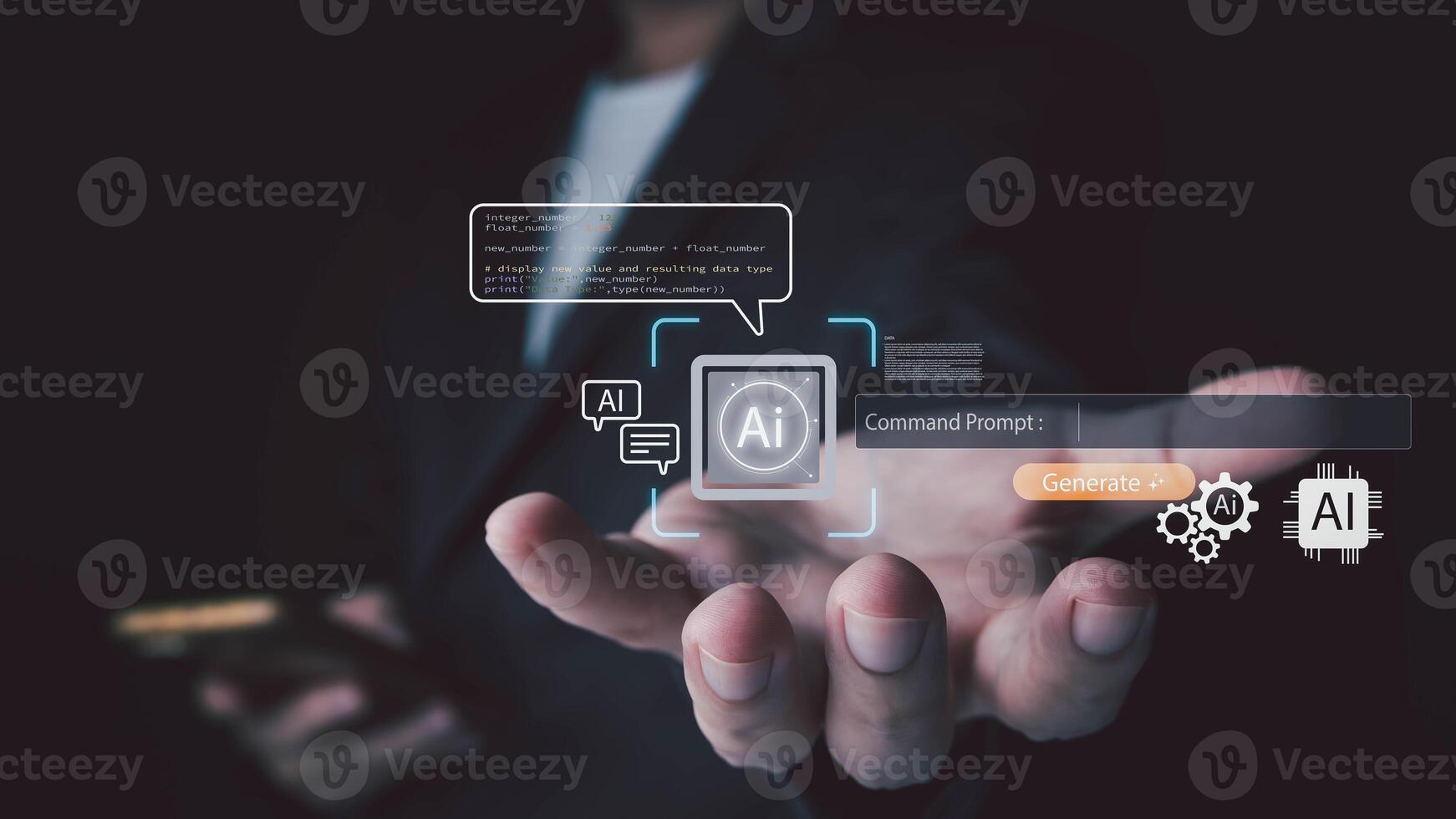 A businessperson uses a smartphone to interact with a futuristic AI interface, generating code from a command prompt on a holographic display representing machine learning and automation concepts. photo