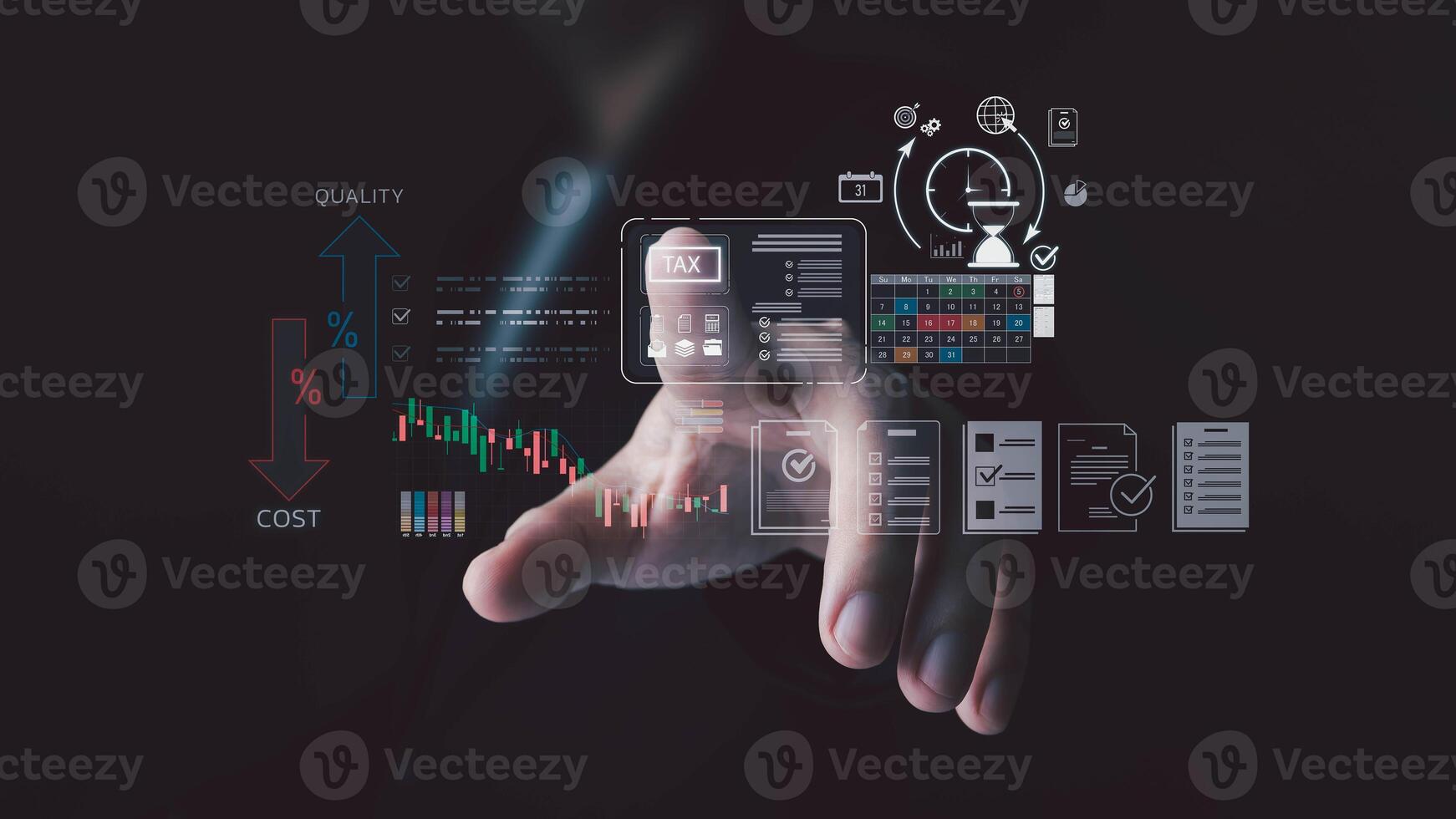 A business professional interacts with a virtual dashboard to analyze data. The user points to icons for tax, finance charts, a calendar, and quality versus cost metrics. photo