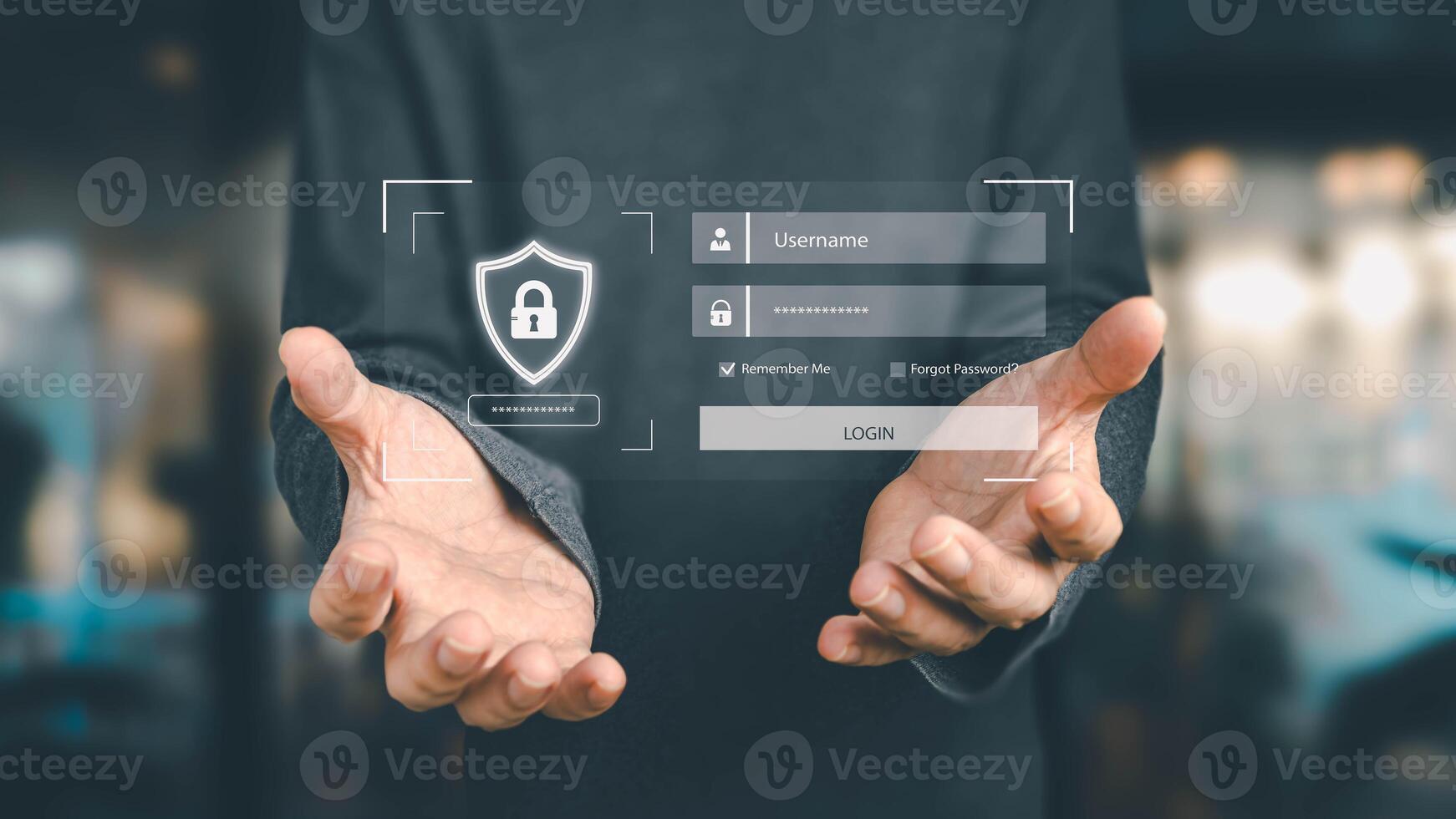 A person holds a futuristic digital interface showing a secure login screen with username and password fields. This illustrates concepts of cybersecurity, data protection, and user authentication. photo