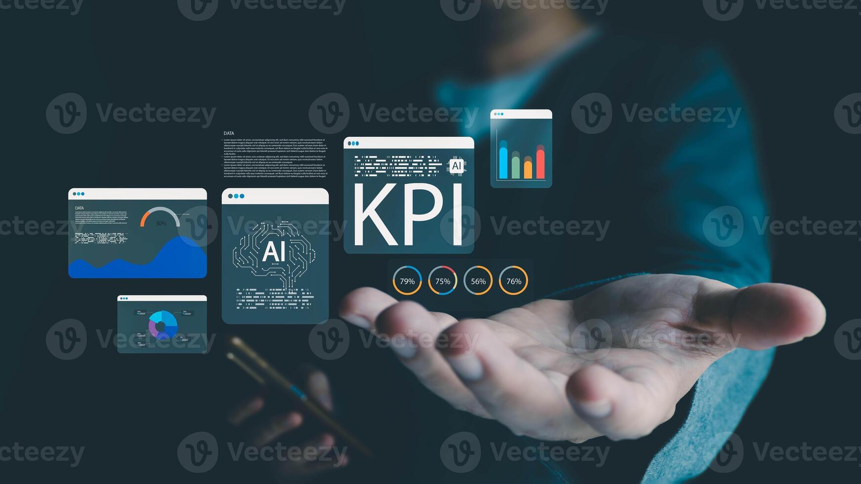 A person holds out a hand, presenting virtual interfaces with KPI data, AI brain icons, and charts, visualizing business intelligence and performance analytics on a dark background. photo