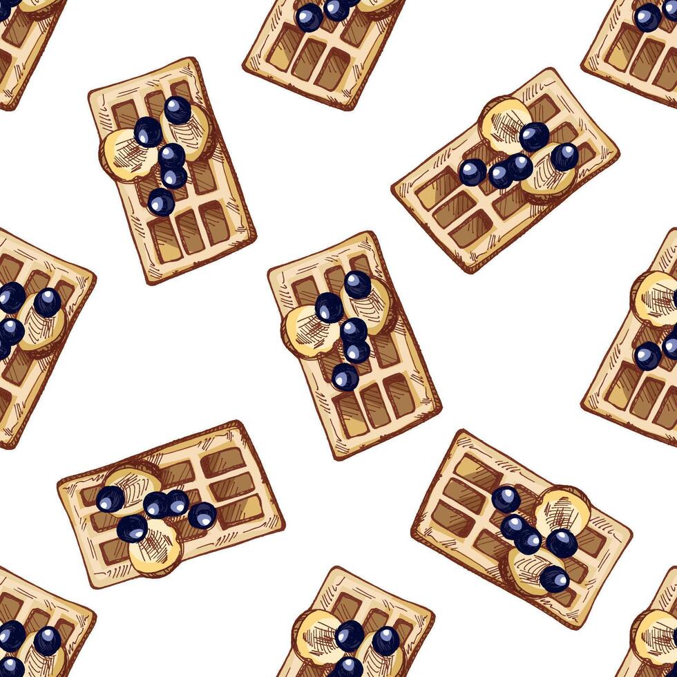 Hand-drawn vintage seamless pattern of waffles with banana slices and blueberries in color and monochrome version vector
