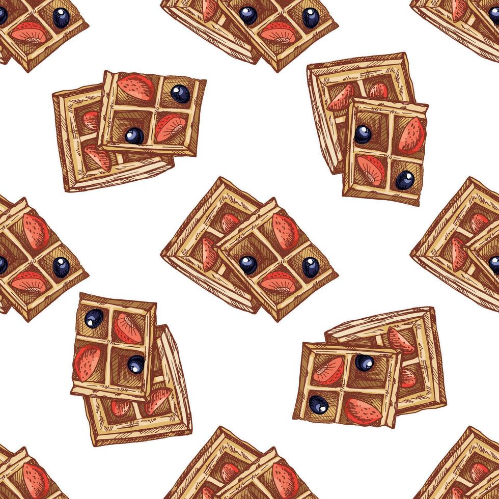 Hand-drawn vintage seamless pattern of sweet waffles with strawberries and blueberries in color and monochrome version vector