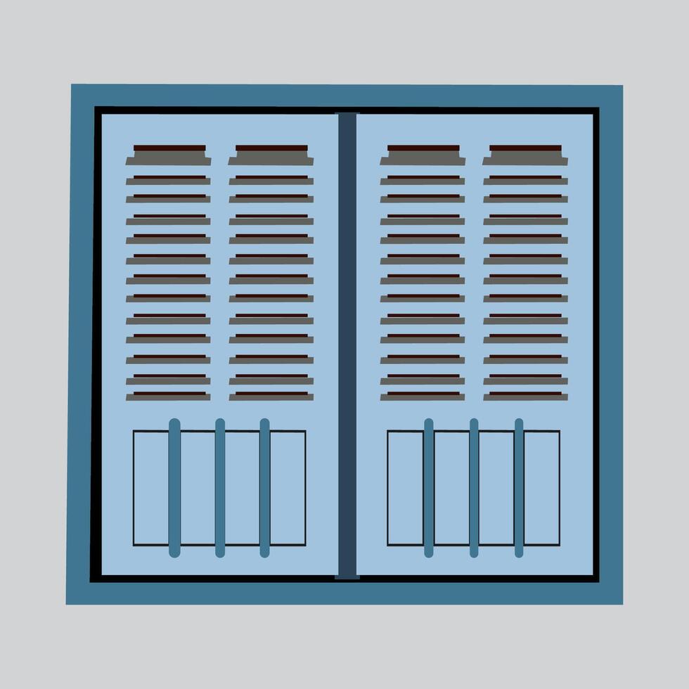 a blue window with a window frame and shutters vector