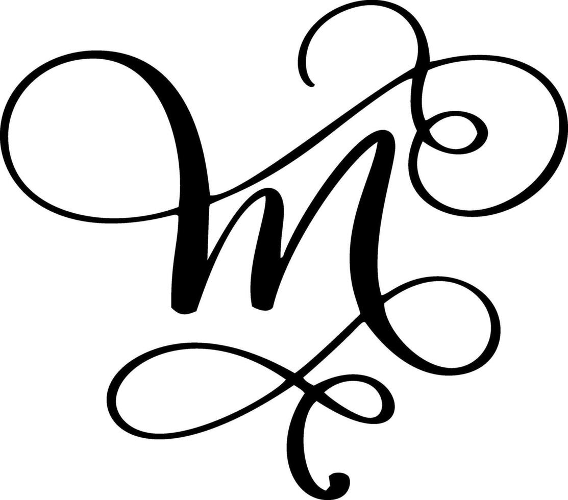 Black calligraphic letter m hand drawn forming part an elegant alphabet projects design and initial vector
