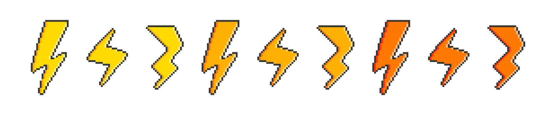 Pixel thunderbolt lightning. Lightning bolt icons. Pixel electric thunder bolt lightning flash icons set vector
