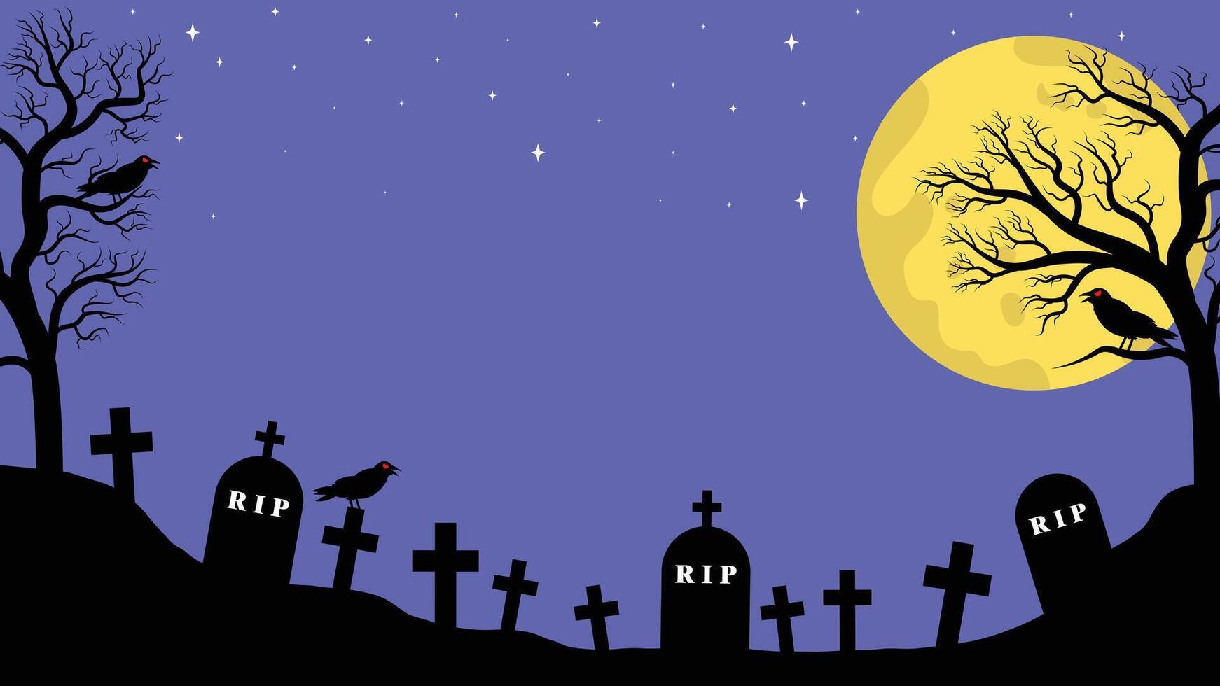 Scary Graveyard With Dead Trees, Crows, And Full Moon In The Background vector