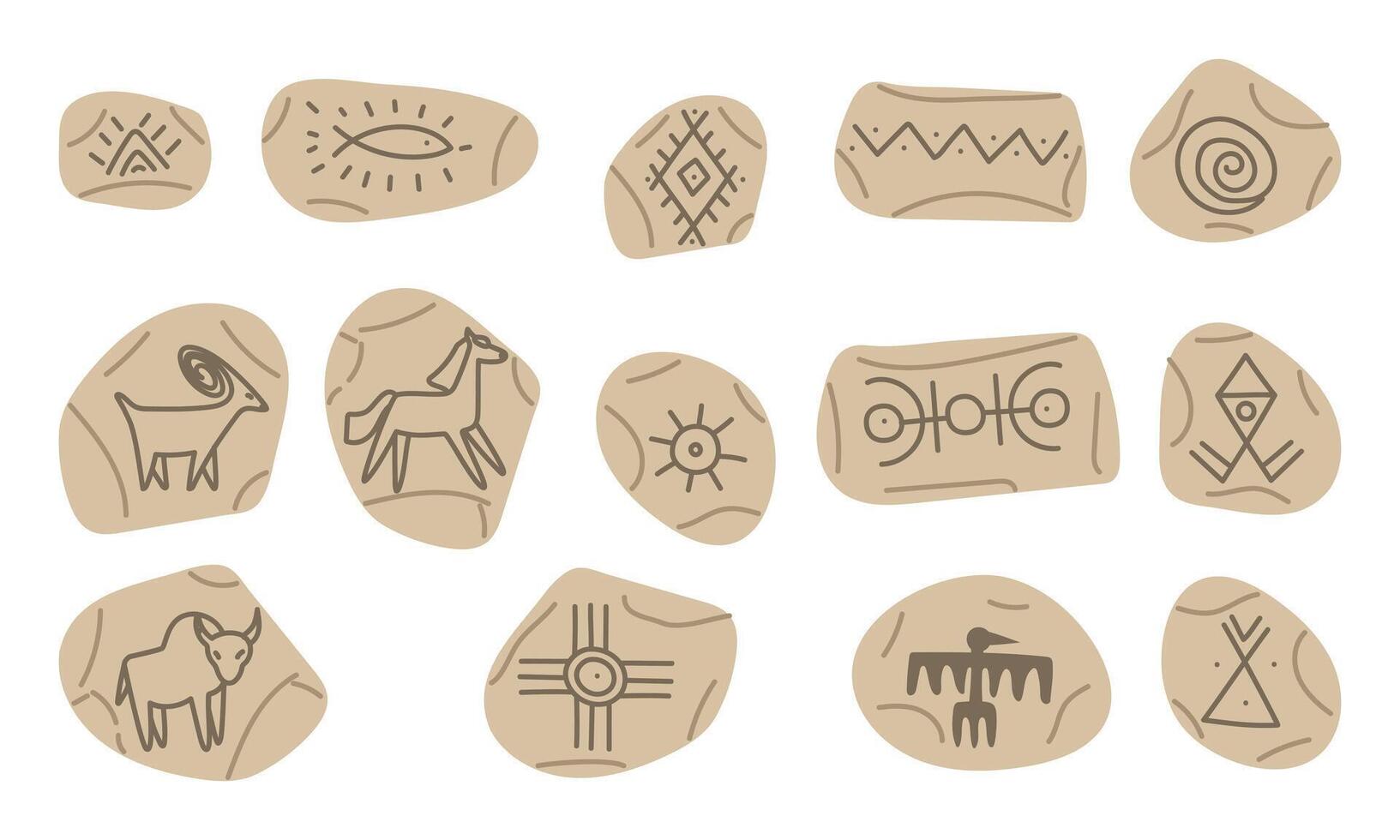 set of stones with animal and symbol images painted by Native Americans. flat color illustration. Fragments of stone with primitive drawing. An isolated object. A nomadic lifestyle. American Indians vector