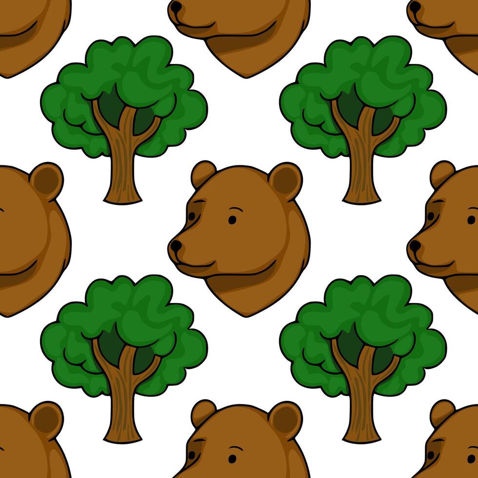 Bear faces and green trees pattern vector