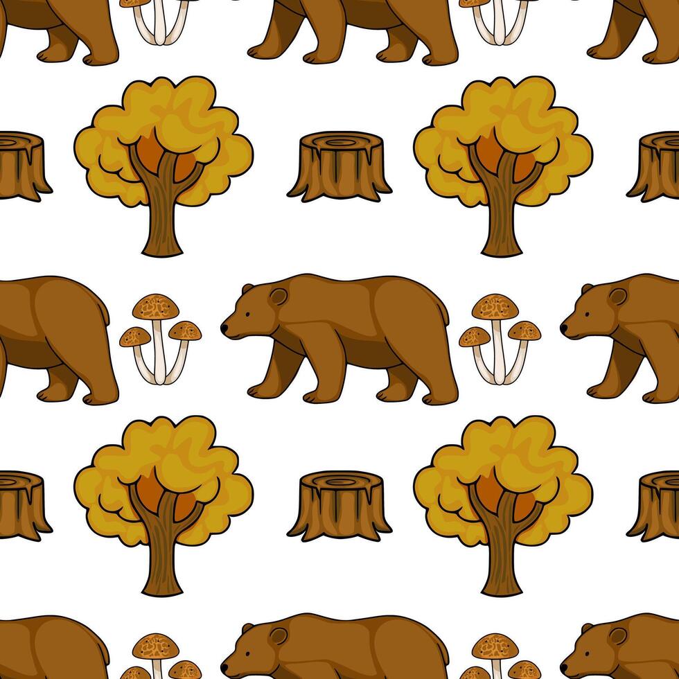 Bears walking among trees and mushrooms vector