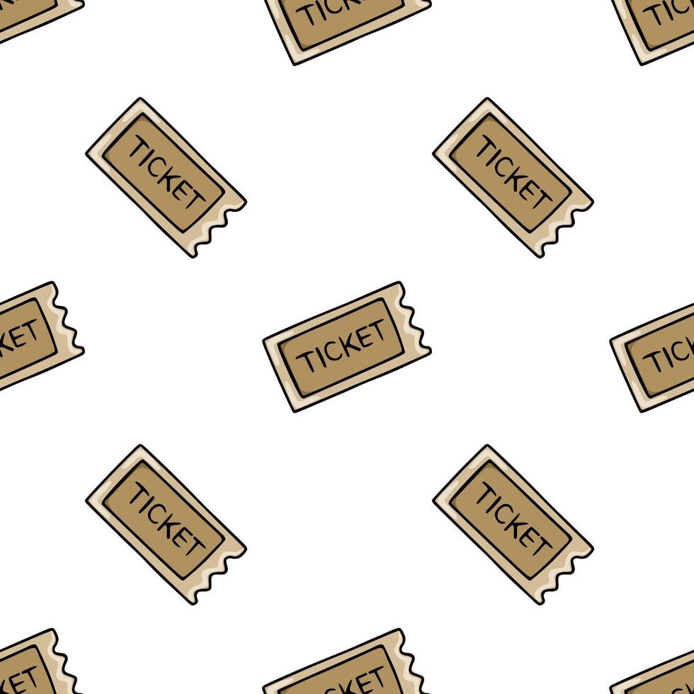 A playful, hand-drawn pattern featuring repeating brown tickets with TICKET text, set against a clean white background, ideal for event-themed designs. vector