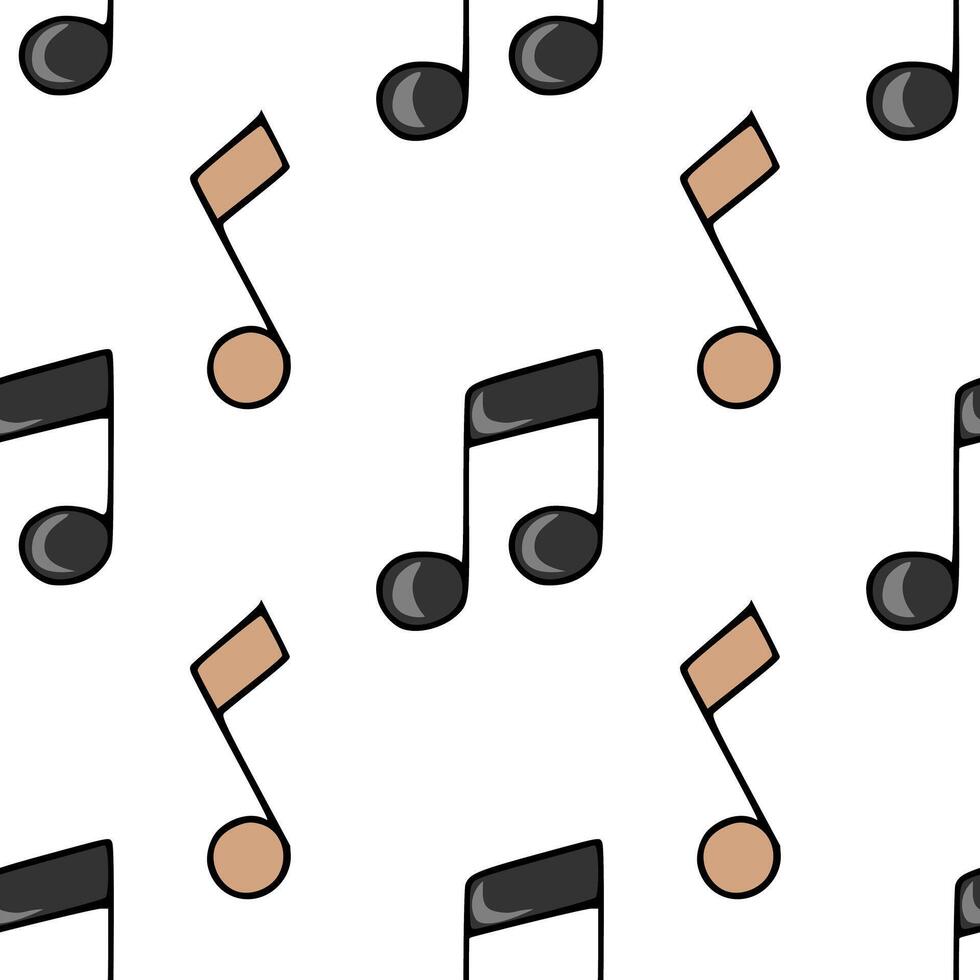 Seamless pattern featuring scattered musical notes with black and beige fills, creating a playful rhythm on a white background. vector