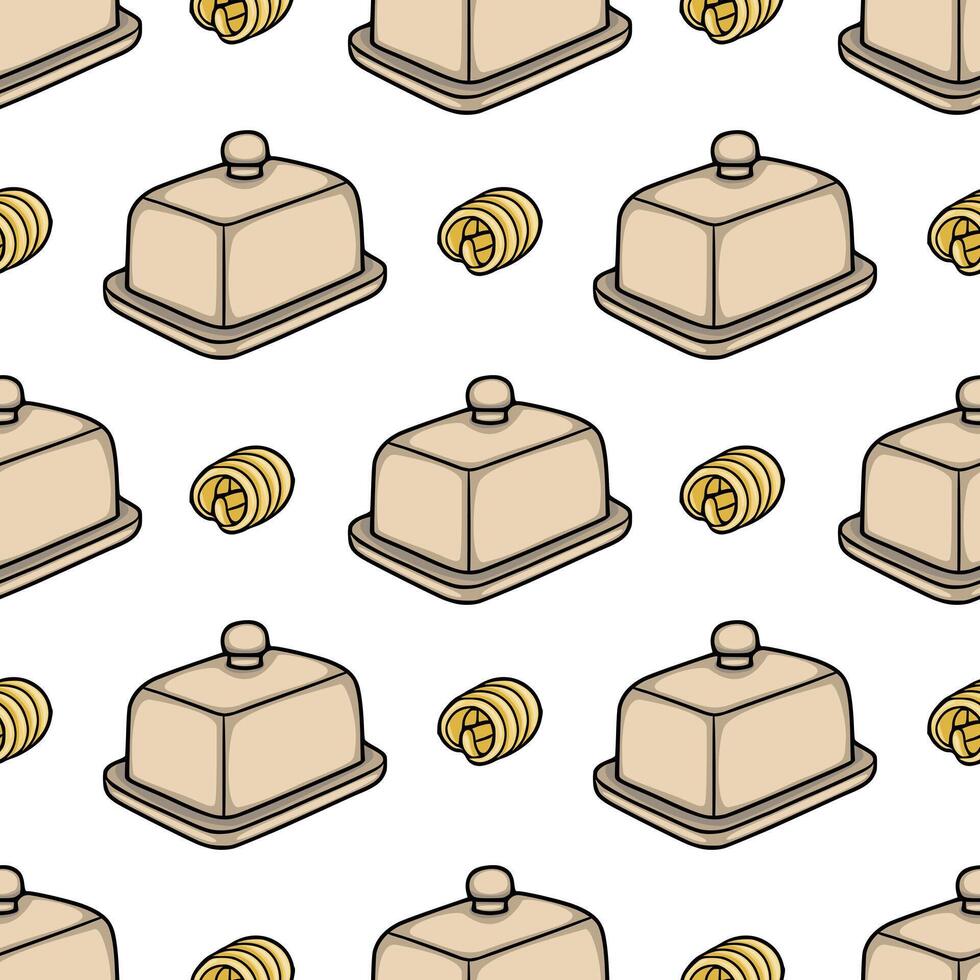 Seamless pattern featuring isometric butter dishes and rolled butter curls, rendered in a simple, clean, and charming illustrative style with a warm, neutral color palette. vector