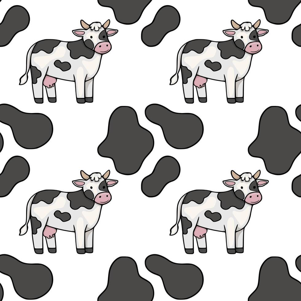 A whimsical pattern featuring charming cartoon cows and their iconic black and white spots, creating a delightful and playful farm-themed background. vector