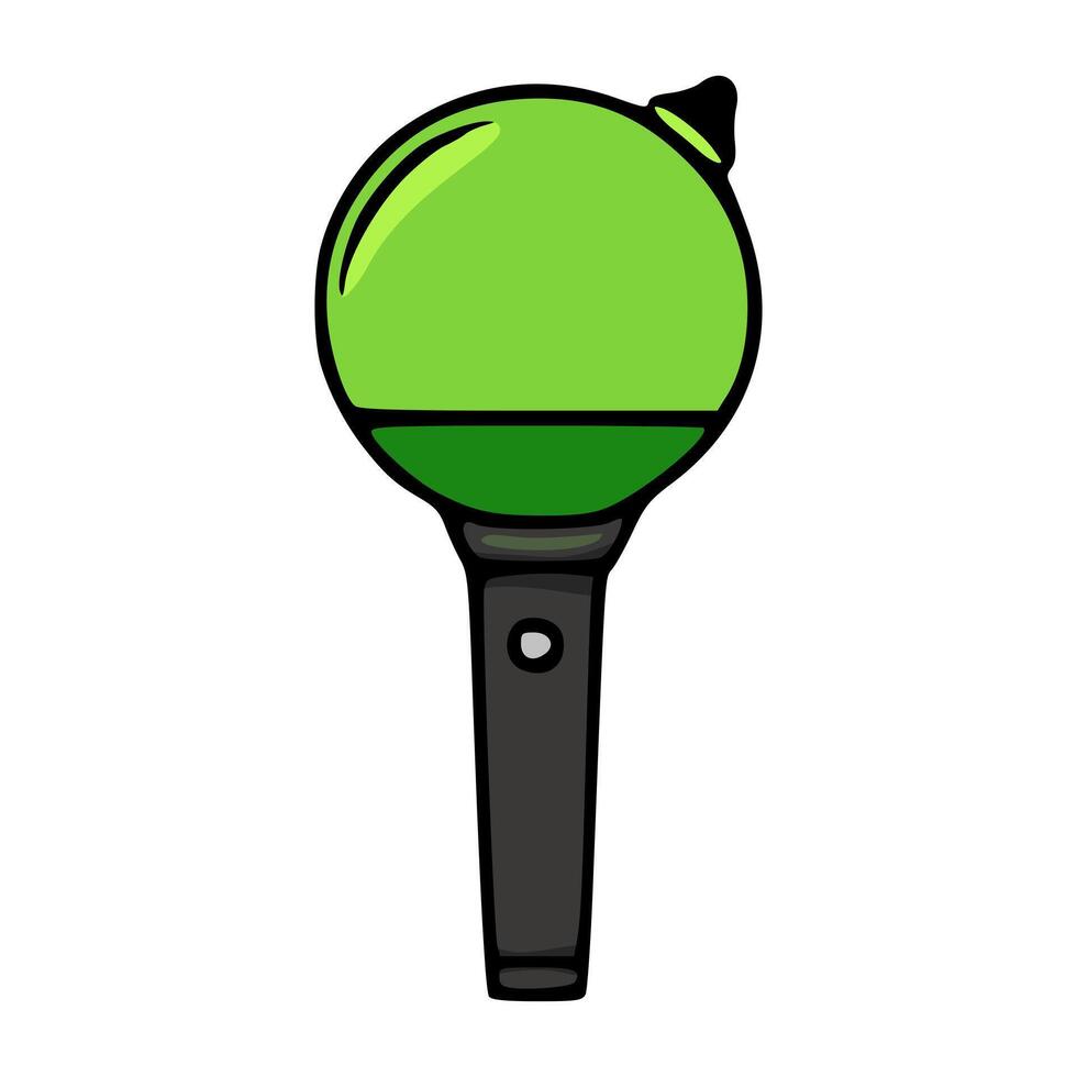 A vibrant green and dark grey illustration of a K-pop concert light stick, featuring a spherical glowing head and a cylindrical handle with a central button. vector