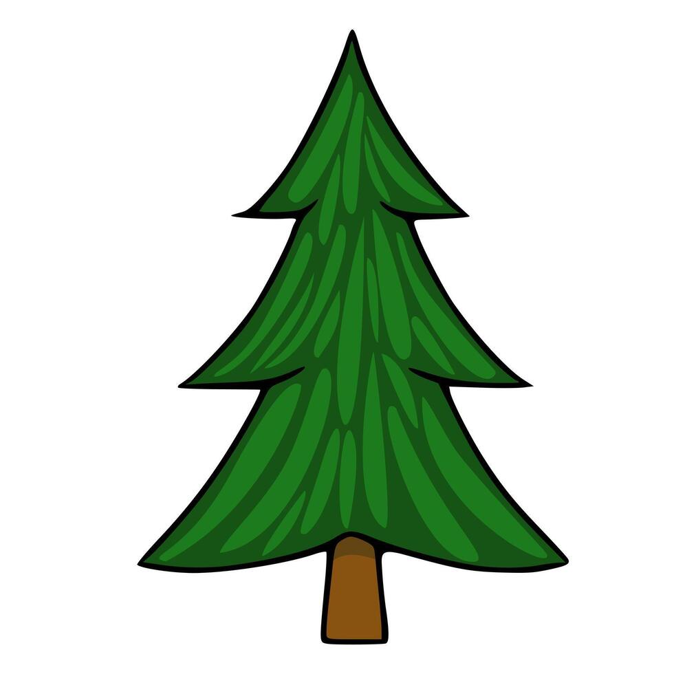 Stylized green conifer tree, a simple illustration with thick black outlines and smooth, gradient-like shading for a clean, modern forest element. vector
