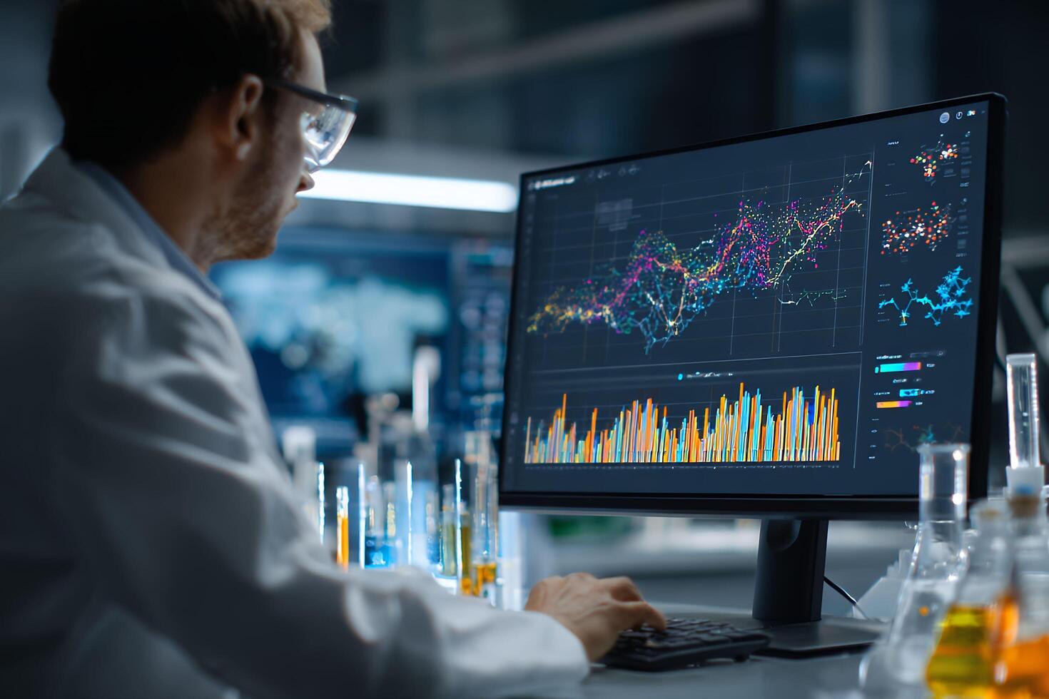 Scientist Analyzing Data on Computer in Modern Laboratory Setting photo