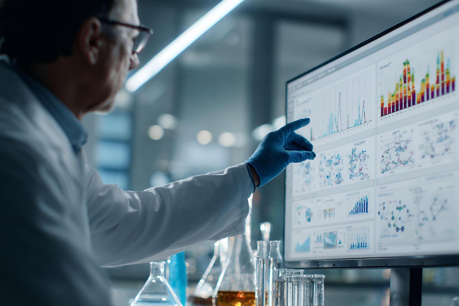 Scientist Analyzing Data on Computer Screen in Modern Laboratory photo